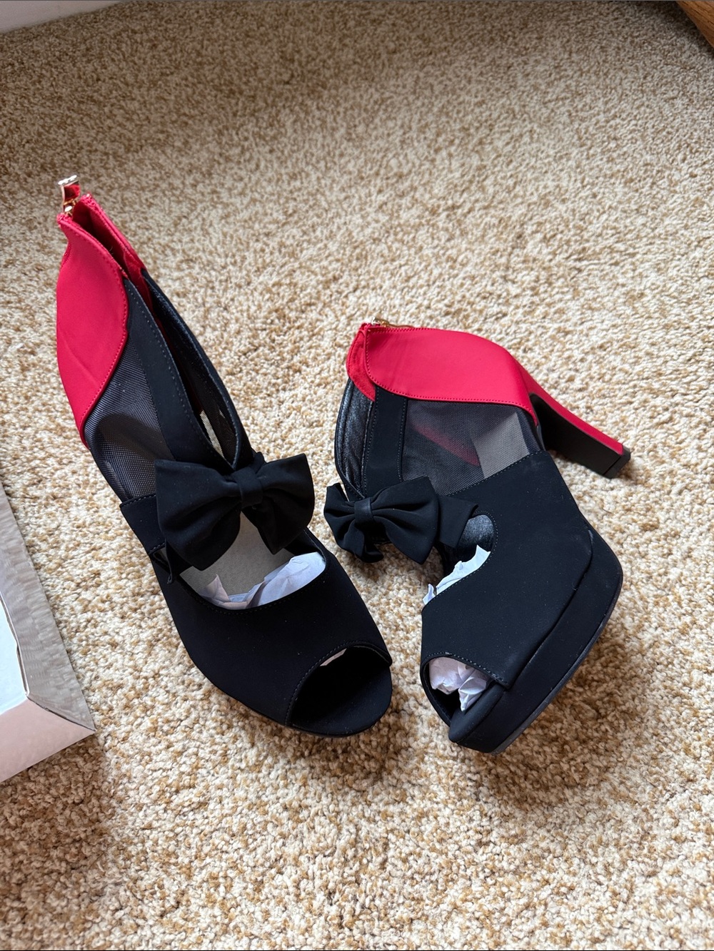 Black and Red Peep-Toe platform Heels with Bow Accent